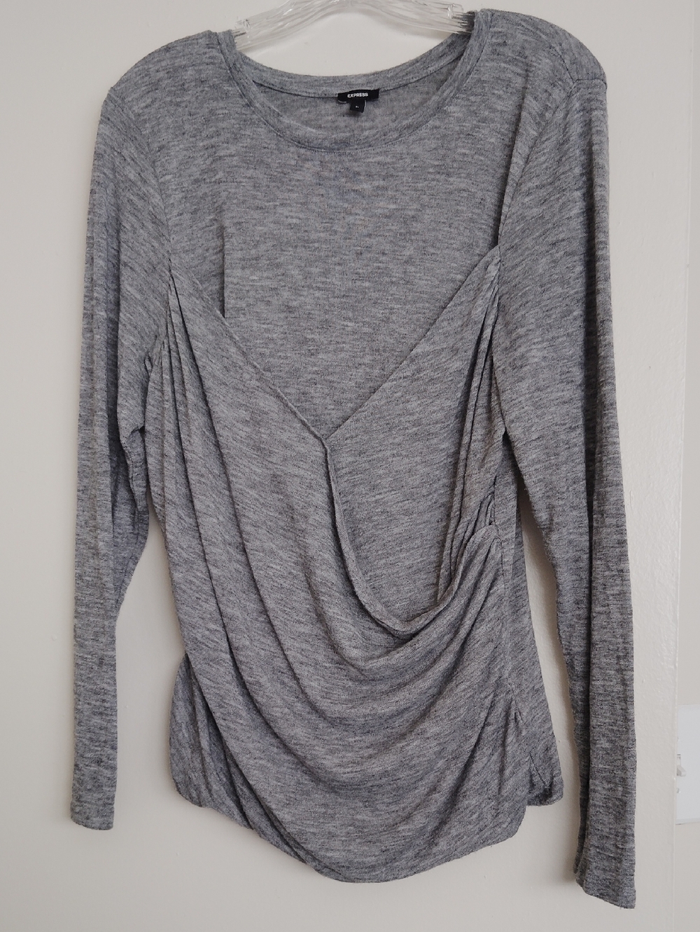 Express Heather Gray Draped V-Neck Long Sleeve Top